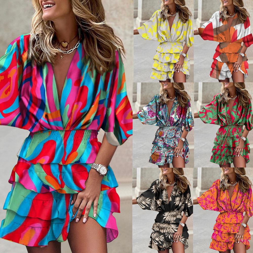 2025 Summer Autumn Dress Designer Bat Sleeve V-neck Hem Irregular Mini Sexy Bodycon Printed Dresses For Woman Streetwear Outfits Skirt