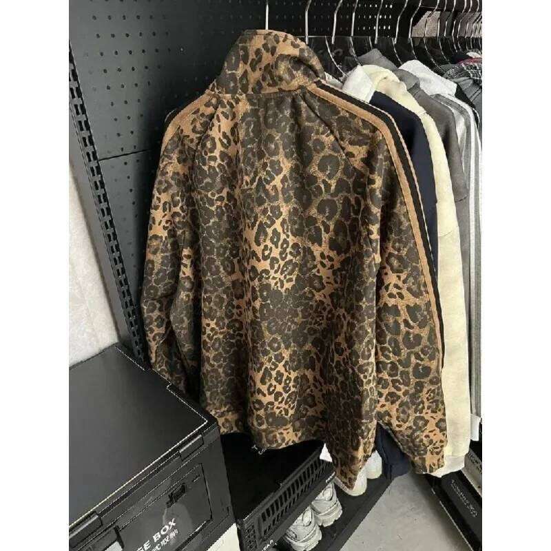 Y2K winter clothes warm casual coat Leopard print cardigan zipper striped long-sleeved high-quality turtleneck jackets for women