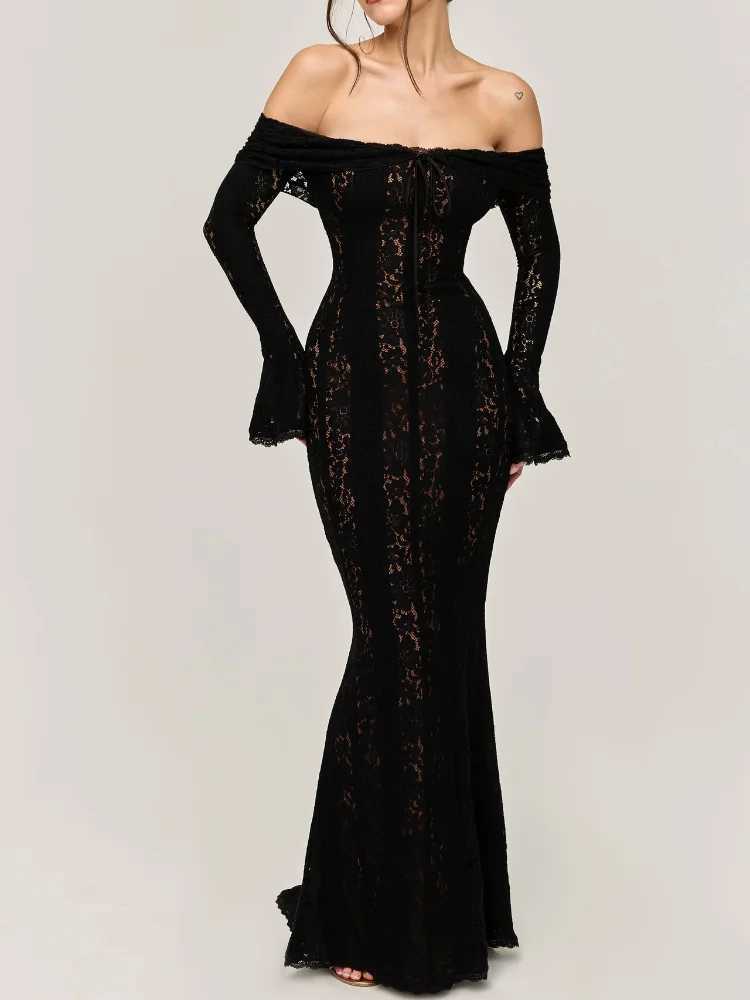 Sexy Women Hollow Out Slash Neck Lace Flared Sleeve Long Dress Elegant Laced Up Slim Fit Robes New Lady Evening Party Dresses XJ250610