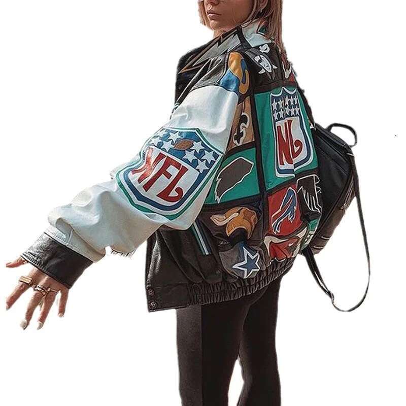 Autumn Winter Varsity Long Sleeve Motorcycle Racing Baseball Jacket Women Y2k Printed Casual Loose Outerwear Zip