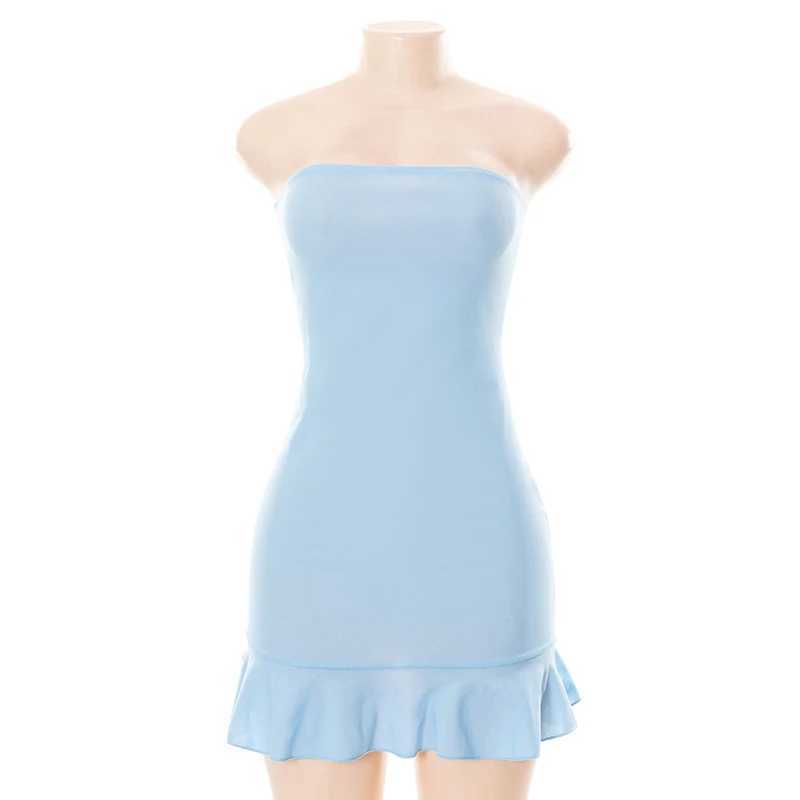 CUTENOVA Women Soft Tender Slight Blue Strapless Wrap Hipster Mini Pleated Dress Pullover Sexy Charm Outfits Girls Dating Wear XJ250610