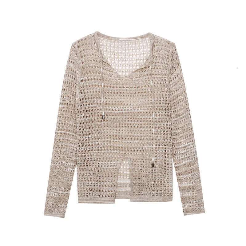 Curved Bead Ice Silk Hollow Out Split Knit Sunscreen Cover-Up Tops