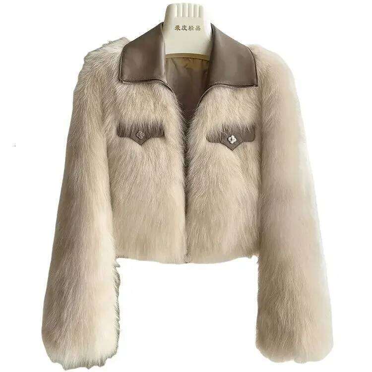 Pop Spring And Autumn Korean Chic Polo Collar Loose Clothing Winter Coat Faux Fox Fur Plush Short Jackets Women