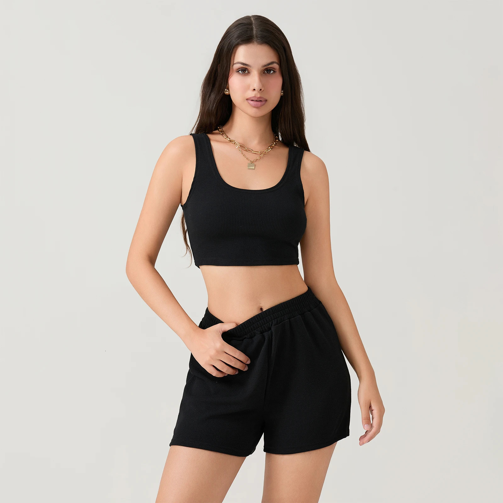 Women 2Pieces Running Sets Summer Solid Color Sportswear Workout Fitness Outfits Straps Square Neck Crop Vest TopsLoose Shorts 250609