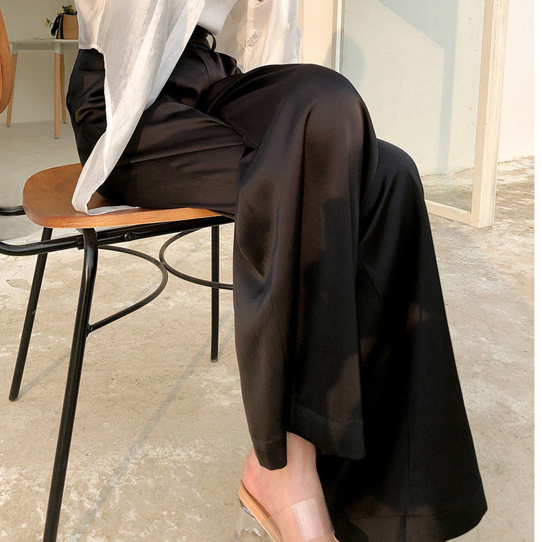 The/* - r * ow acetate satin straight black commuting wide leg with a slimming effect, loose fitting suit, casual women's pants for women Z260314