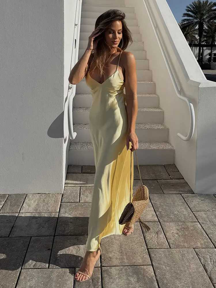 TRAFZA Pink Stain Sling Dresses Women Elegant V Neck Sleeveless Backless Slim Long Dress 2025 Summer Lady Party Holiday Dress XJ250610