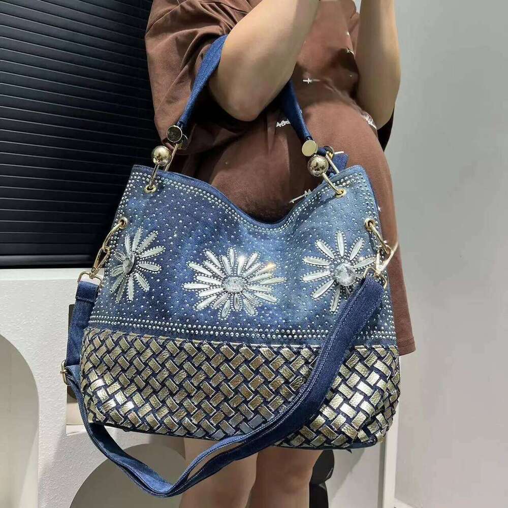 Women's Fashion Denim Braided Bucket Large Capacity Gradient Dia Decorated Shoulder Crossbody Bag
