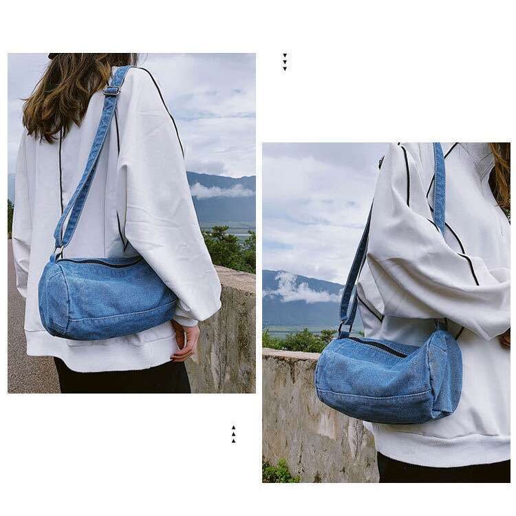 2025 New Denim Cylinder Crossbody Artistic Student Backpack Small Slouch Canvas Phone Bag