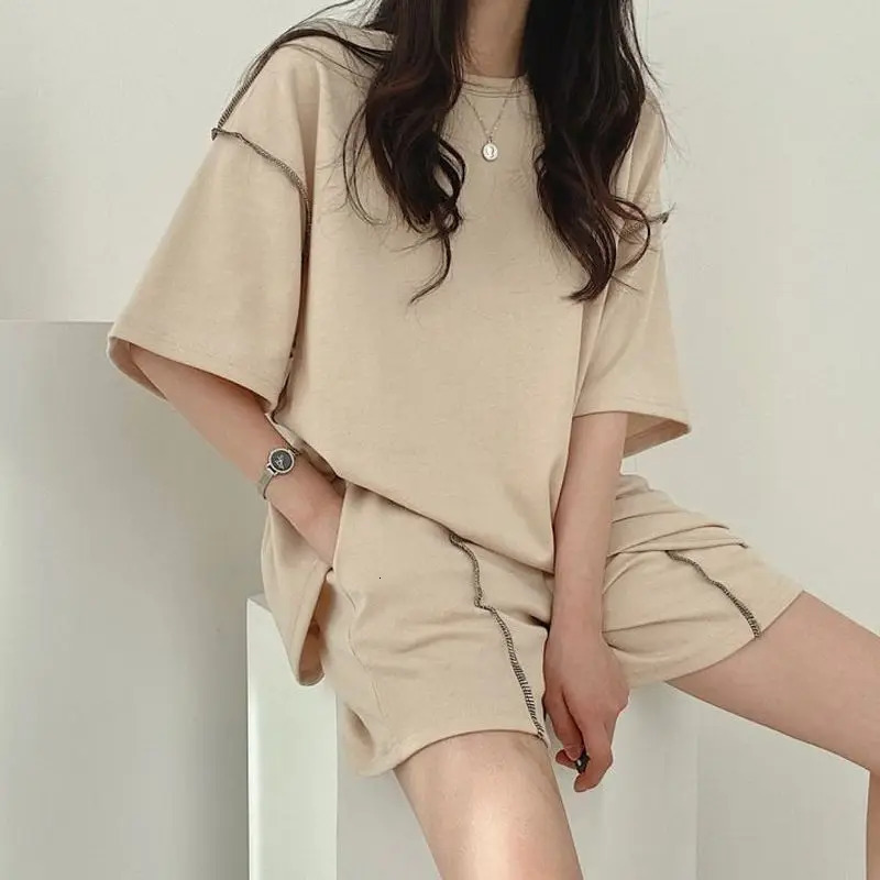 Woman Tracksuits Cotton Comfortable Solid Splicing Casual Sports Suits Summer 2025 Fashion Loose 2 Pieces Sets Sportswear 250609