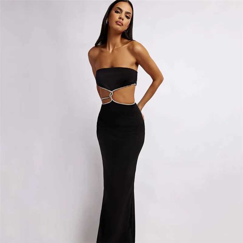 Puloru Black Off Shoulder Party Tube Top Dress Elegant Retro Sleeveless Strapless Hollow Out Backless Split Wrap Dress Vestidos XJ250610