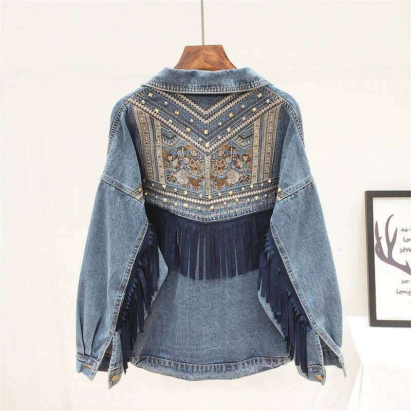 Rivet Flower Embroidery Fringe Women Denim Spring Autumn Black Jeans Jacket Female Coats Loose Chaquetas Mujer Streetwear