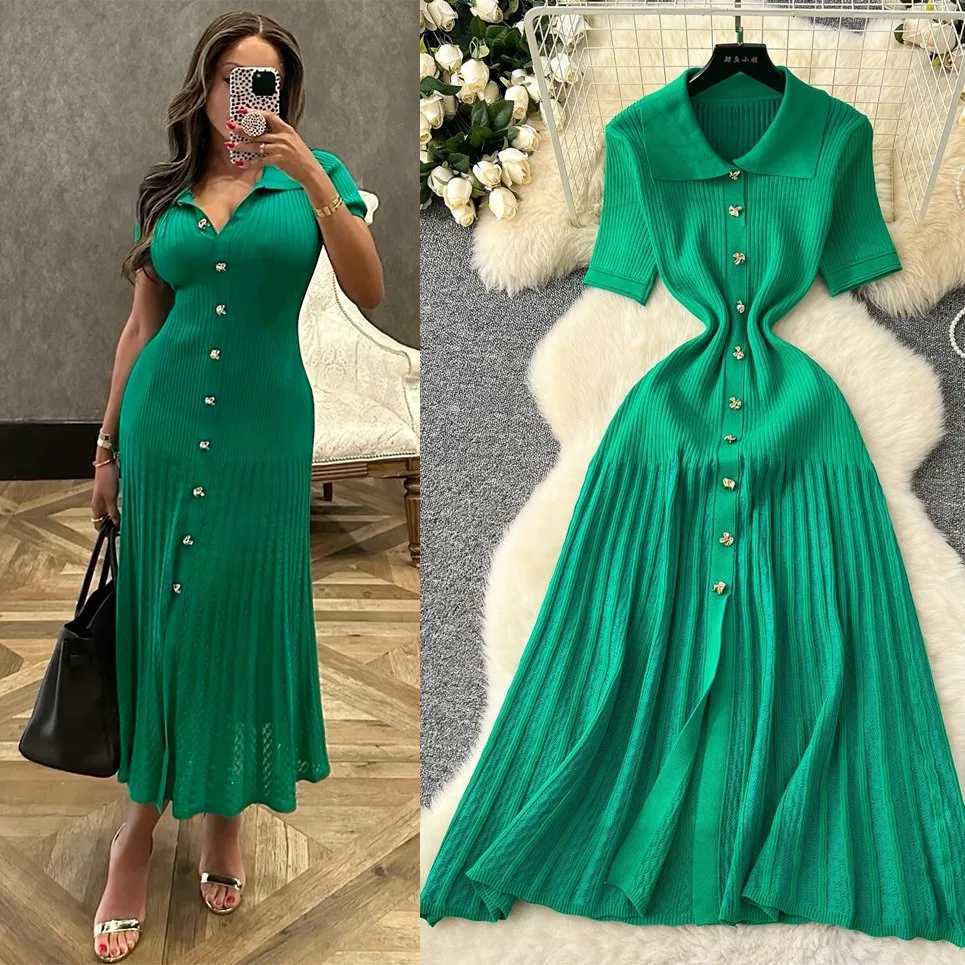 YuooMuoo Chic Fashion Elegant Patchwork Knitted Maxi Dress 2025 Summer Lady Turn-down Collar Shirt Sweater Dress Party Dresses XJ250610