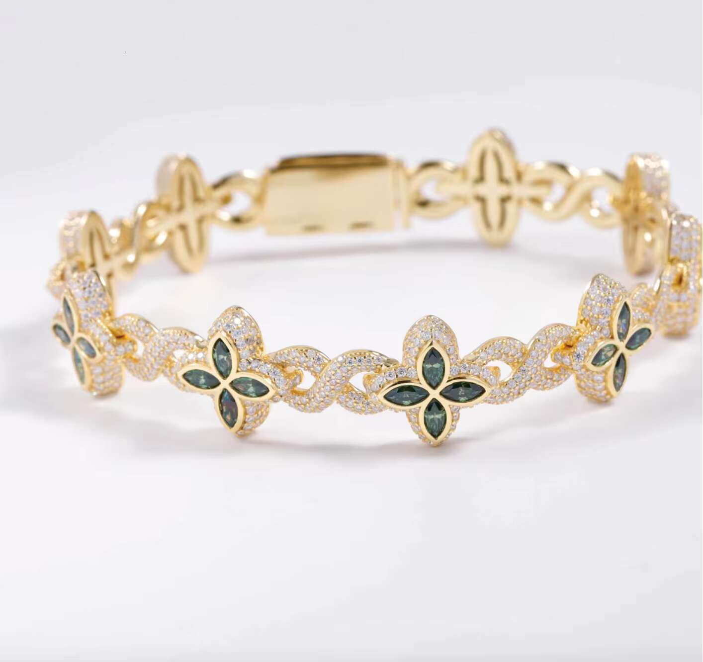 Fashion Hip Hop Jewelry 12mm Rose Gold 925 Sterling Silver Colored Moissanite Diamond Four Leaf Clover Infinity Link Bracelet