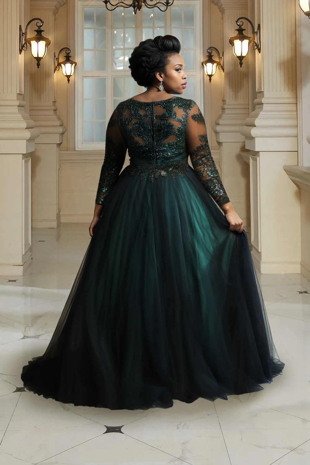 Plus Size Evening Gowns Green Long Sleeve Tulle Maxi Dresses 250610