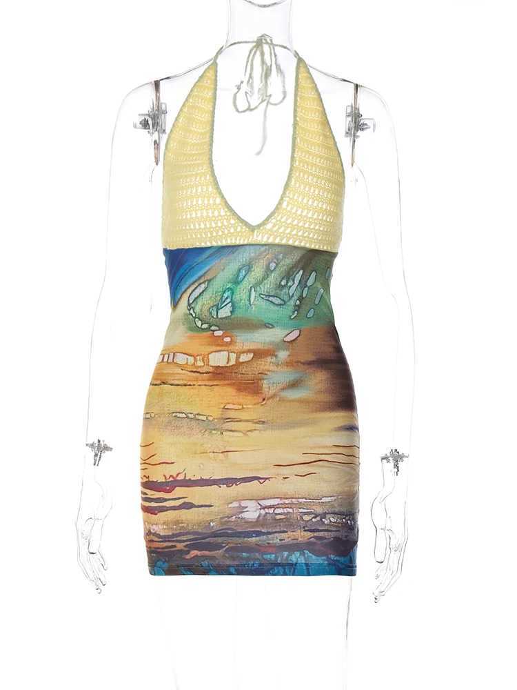 Hugcitar 2025 Spring Halter Knitted Scenery Print Backless Lace Up Sexy Mini Dress Women Fashion Clothes Beach Vacation Party XJ250610