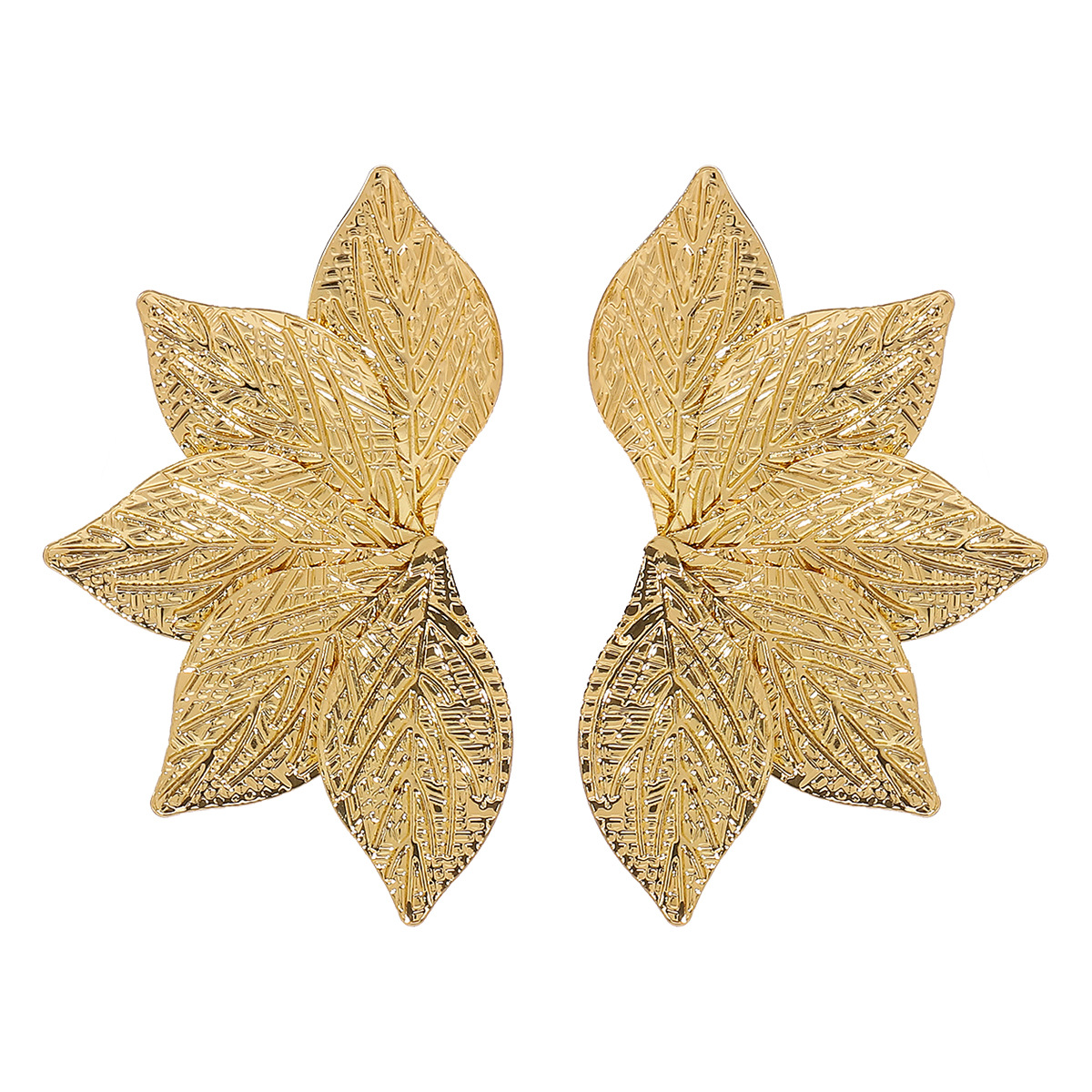 European American Geometric Leaf Textured Earrings Bold Vintage Heavy Metal Style Statement Studs for Women