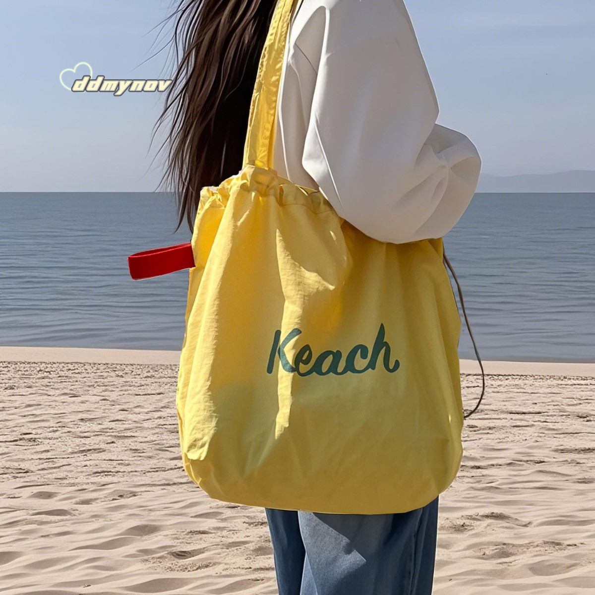 2025Korean Style New Letter Print for Women Large Capacity Nylon Shoulder Casual Versatile Portable Drawstring Tote Bag ddmynov