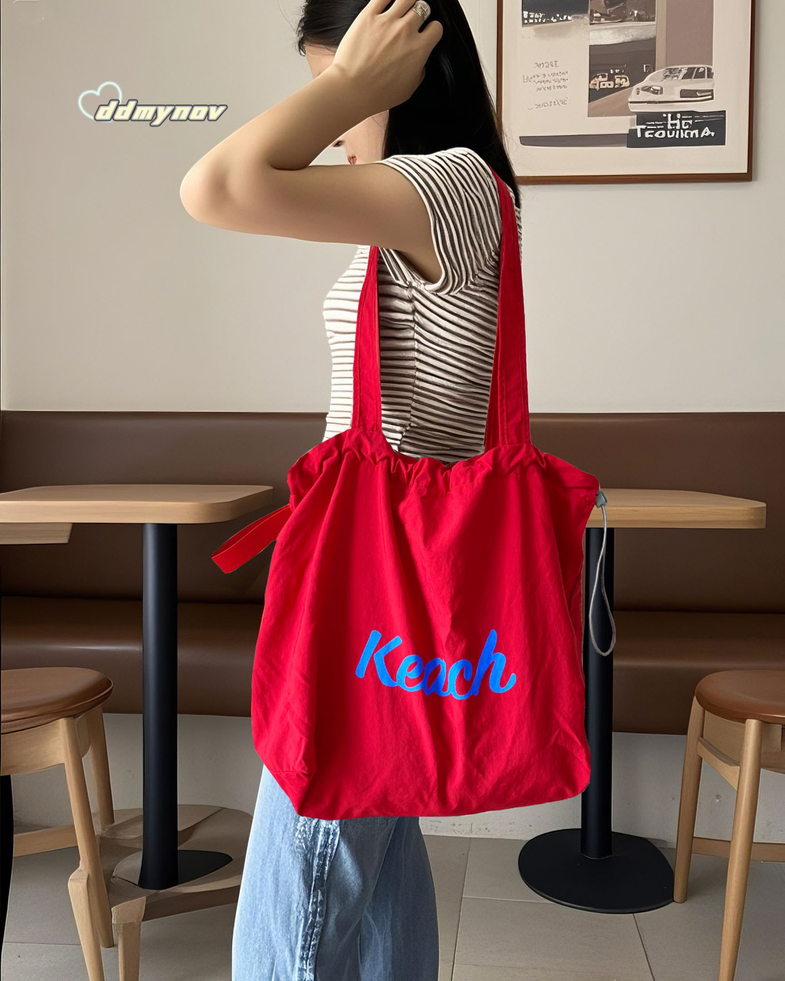 2025Korean Style New Letter Print for Women Large Capacity Nylon Shoulder Casual Versatile Portable Drawstring Tote Bag ddmynov