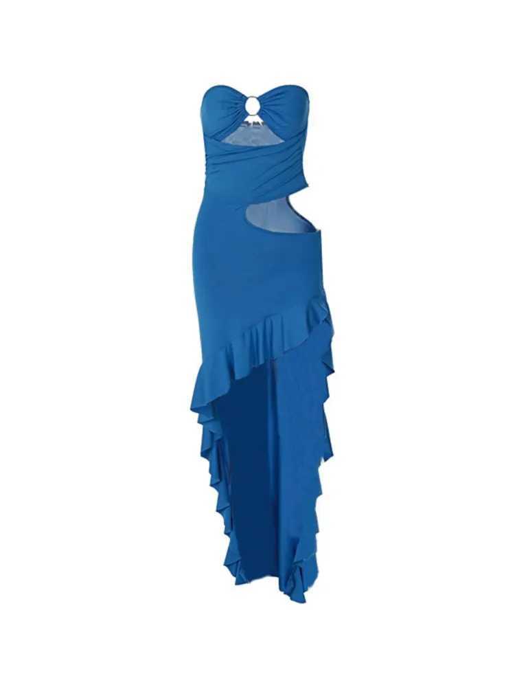 Sexy Irregular Tube Top Party Dresses Women Trend Streetwear Hollow Out Ruffles Package Hip Bodycon Slit Dress Club Prom Vestido XJ250610