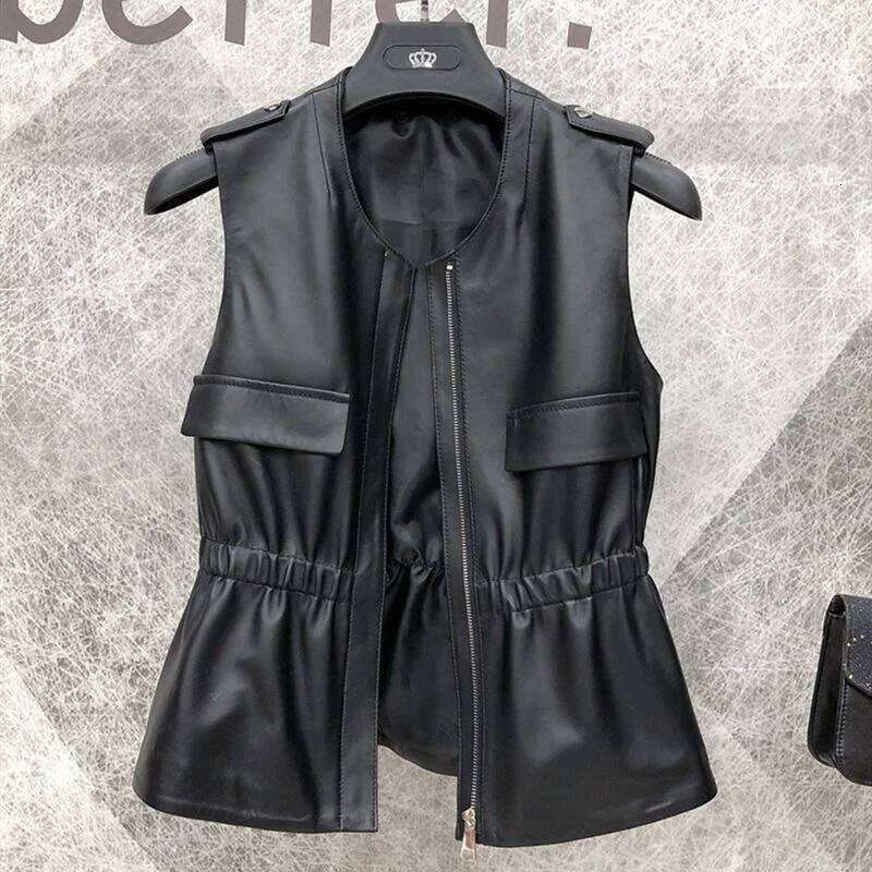 2025 Spring Autumn New Vest Women's Short Imitation Sheepskin Waistcoat Outerwear Fashionable Sleeveless Leather Jacket