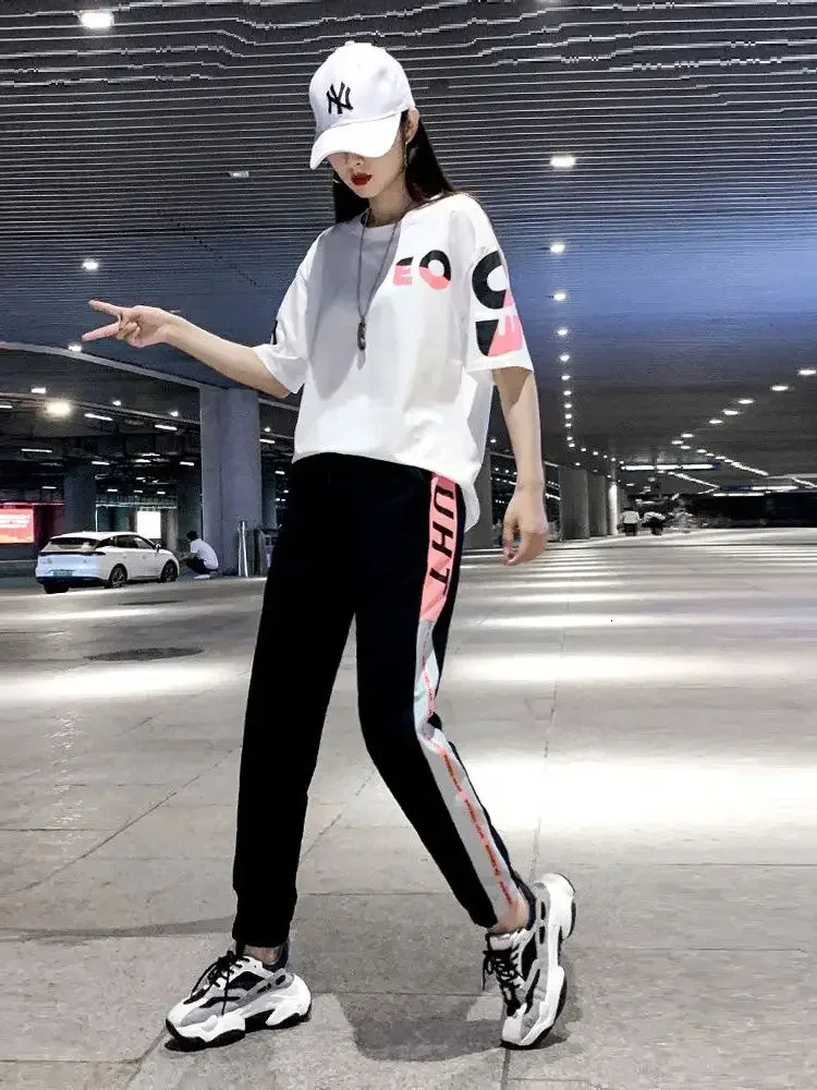 2 Pieces Sets Women Sportswear Printed T-shirt Women Sports Pants Casual Tracksuit Female Clothing 250609