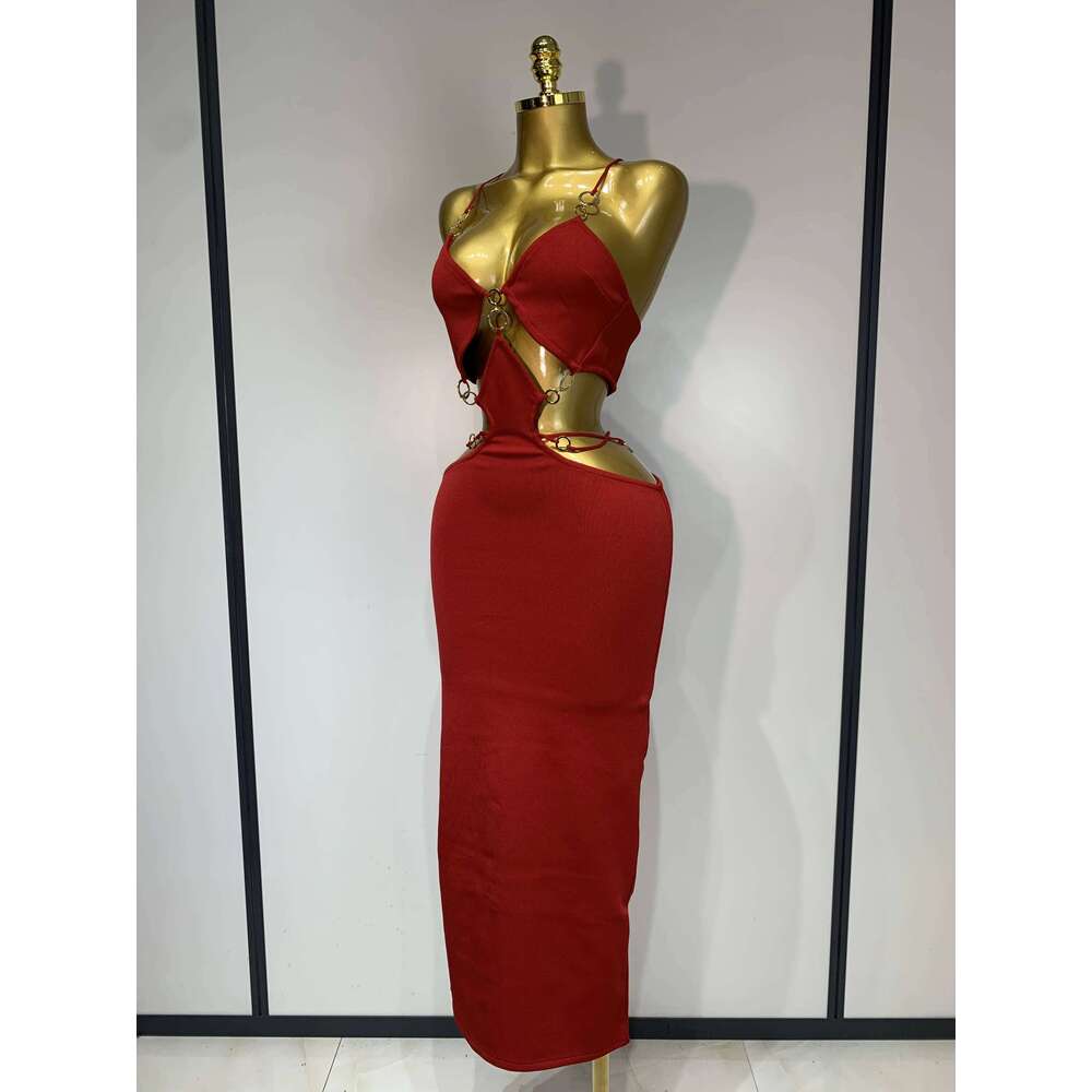 Women Sleeveless Sexy Halter Hollow Out Black Red Bodycon Long Bandage 2025 Celebate Elegant Birthday Club Dress