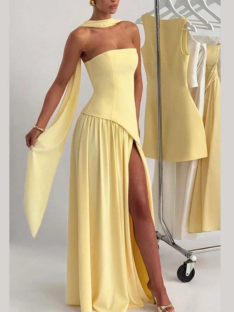 Yellow Scarf Collar Strapless Party Dress Women 2025 New High Slit Backless Spliced Pleated Robes Female Summer Party Prom Gowns XJ250610