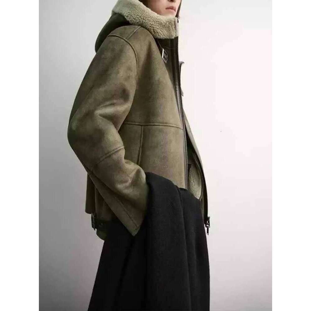 2024 autumn and winter women's new fashion all-match American motorcycle fur hooded double-sided long-sleeved jacket