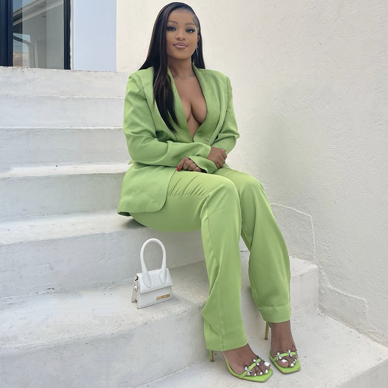 Casual Women Suit Evening Dress V-Neck New Party Prom Gowns Solid Color 2-Pieces Coat Pants Prom Dress Plus Size Customized vestidos de novia