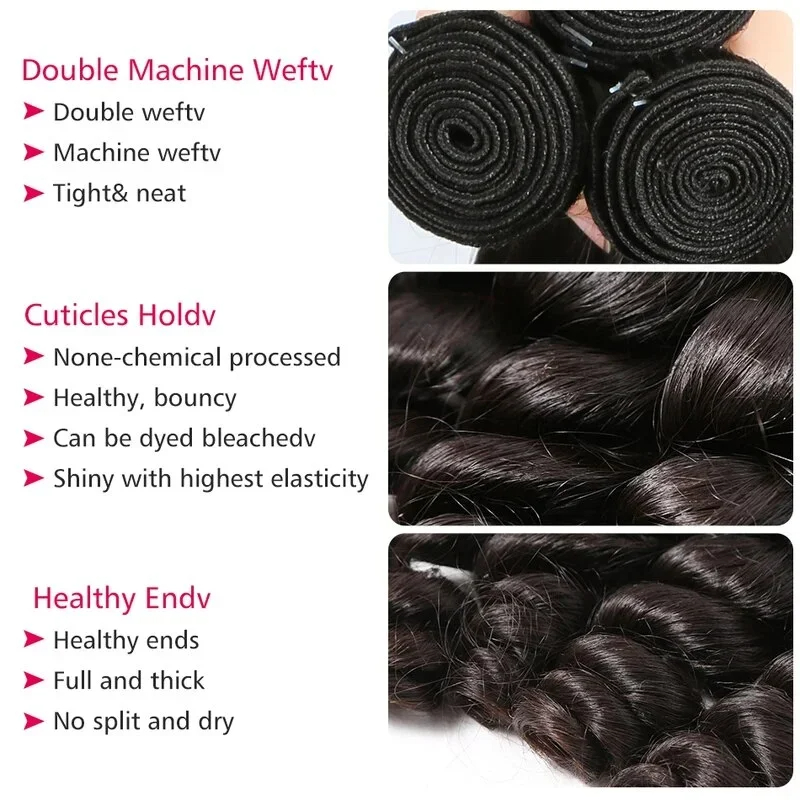 10 inch Hair Bundles Brazilian Loose Wave Virgin Human Hair 3/4 PC Natural Color Hair Extensions For Black Women Bundles Raw Hair Bundles 4x4 Lace Bra