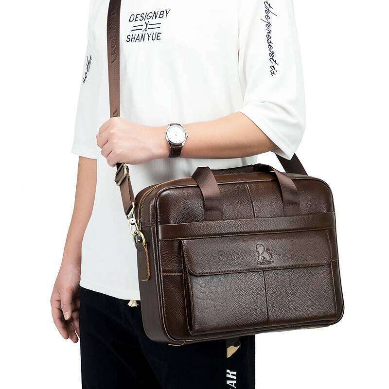 STEEL LION Genuine Leather Men's Briefcase Large Capacity Crossbody Computer Bag With Single Shoulder Strap Lage Fixing Belt