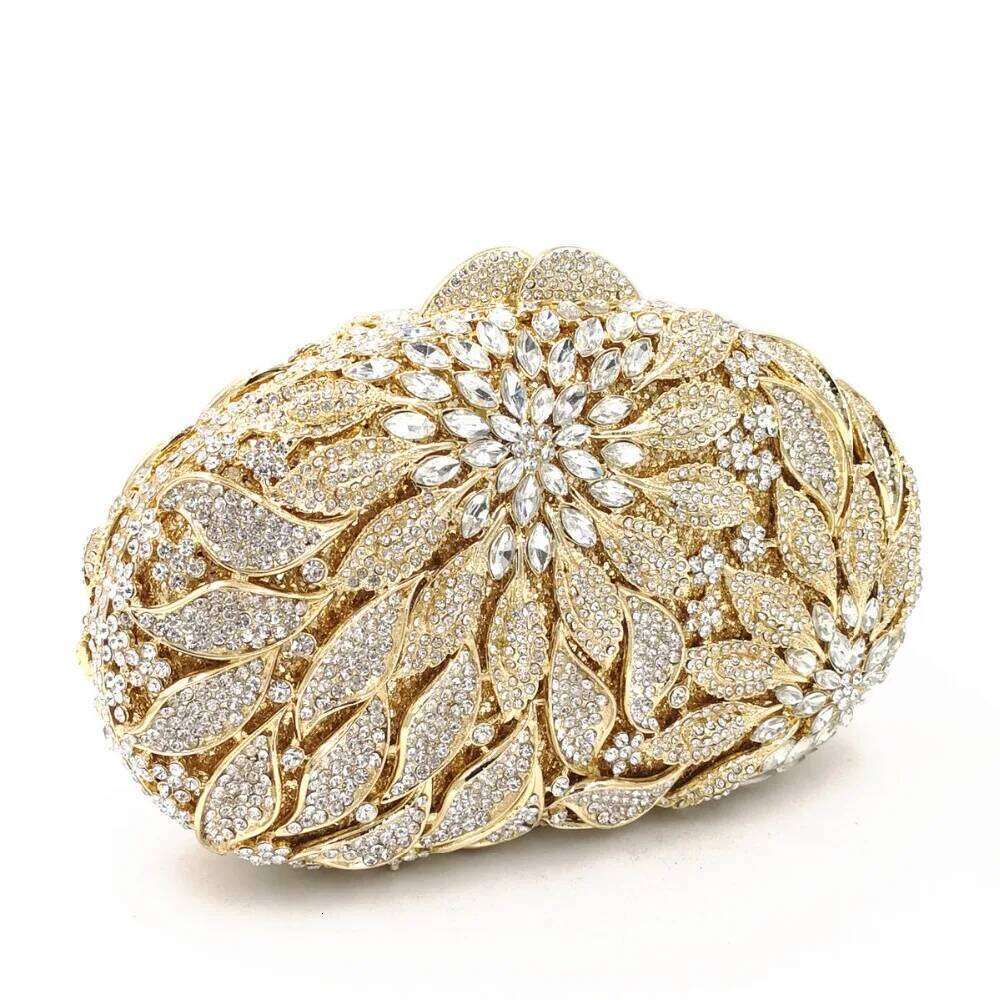 Gold Metal Leaves White Crystals Evening Clutch Bags Women Wedding Party Purse Ball Handbags Rhinestone Mini heart bag