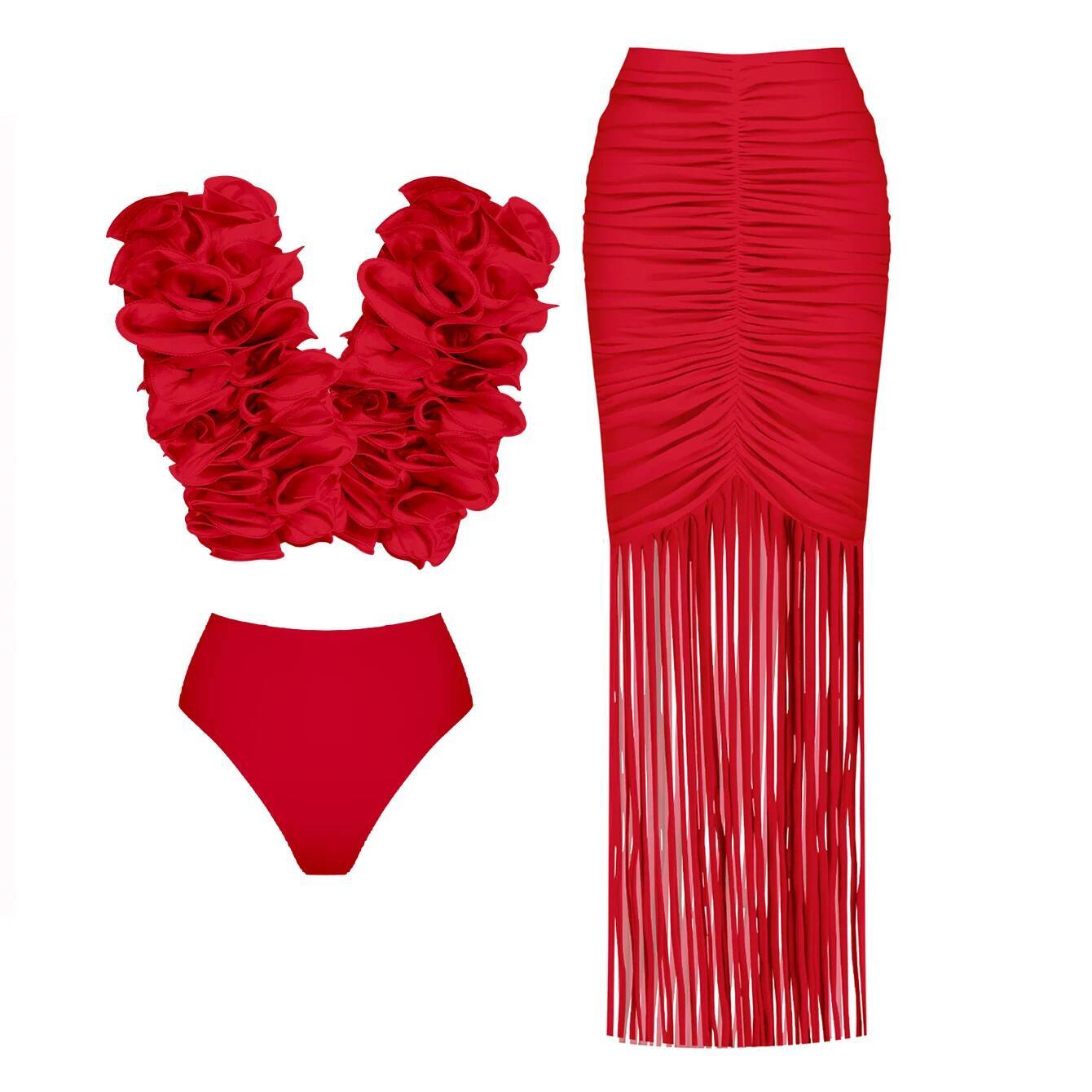 2025 Solid Red Flower Bikini Swimsuit Women Swimwear Sexy Swim Suit Deep V Monokini Off Shoulder Bodysuit Bathingsuit
