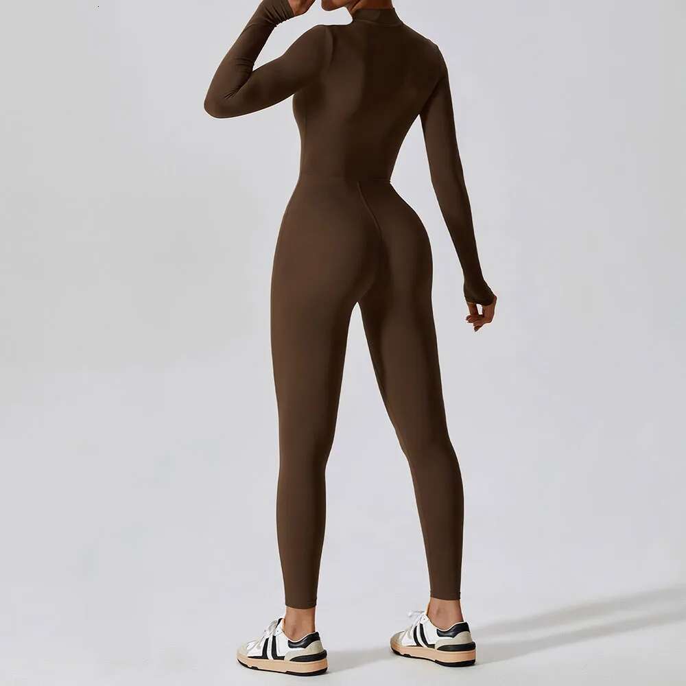 Yoga Women Seamless Sports Zipper Jumpsuit Set Long Sleeve Fiess Suit Elastic Gym Workout Bodysuit Wear