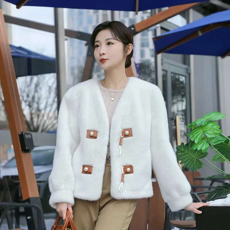 2024 Spring And Autumn Women Lazy New Eco Friendly Mink Fur Retro Chinese Loose Fit Coat Fashionable Pearl Buckle Cardigan