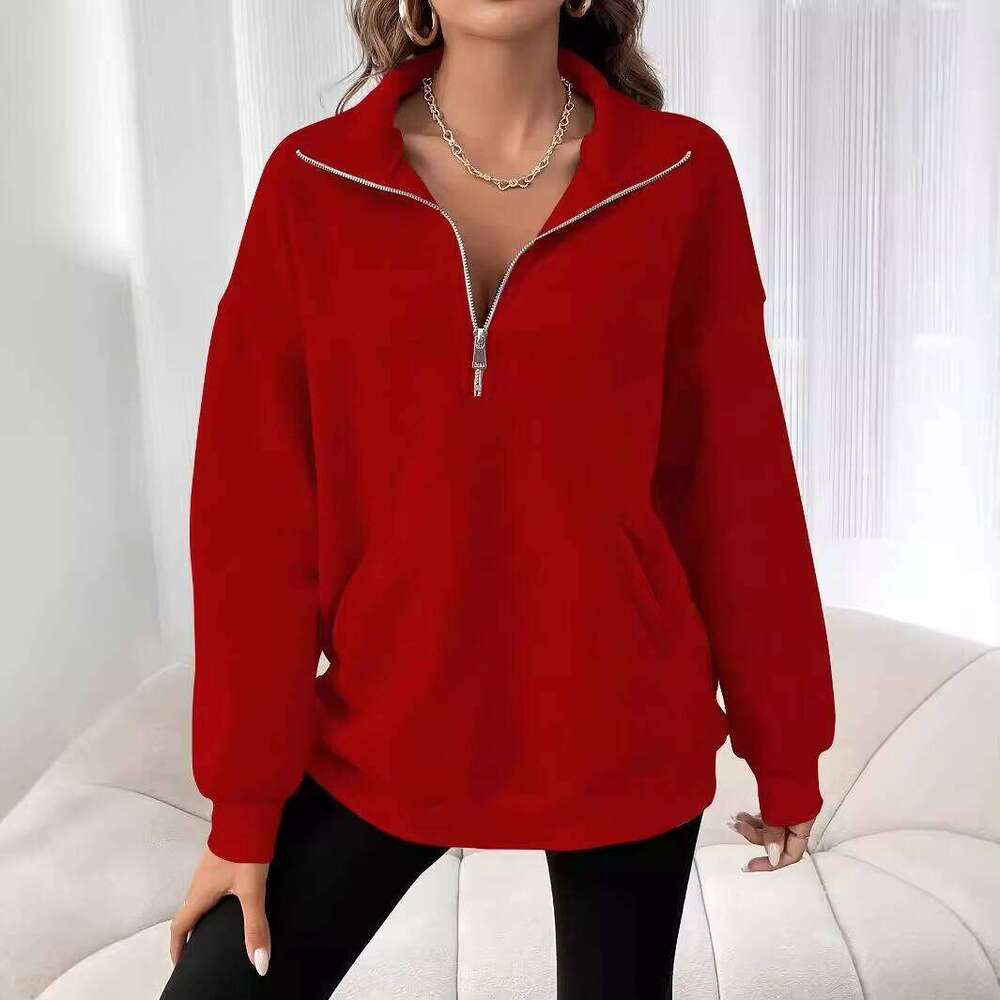 Logo 2XL Women's Solid Color Half-Zip Drop Shoulder Sweatshirt with Front Pocket