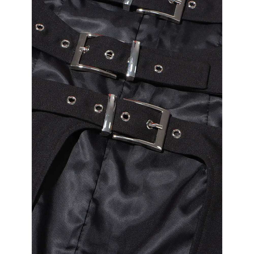 TWOTWINSTYLE Solid Hollow Out Coat For Women Lapel Long Sleeve Spliced Belt Chic Sexy Asymmetrical Jackets Female New