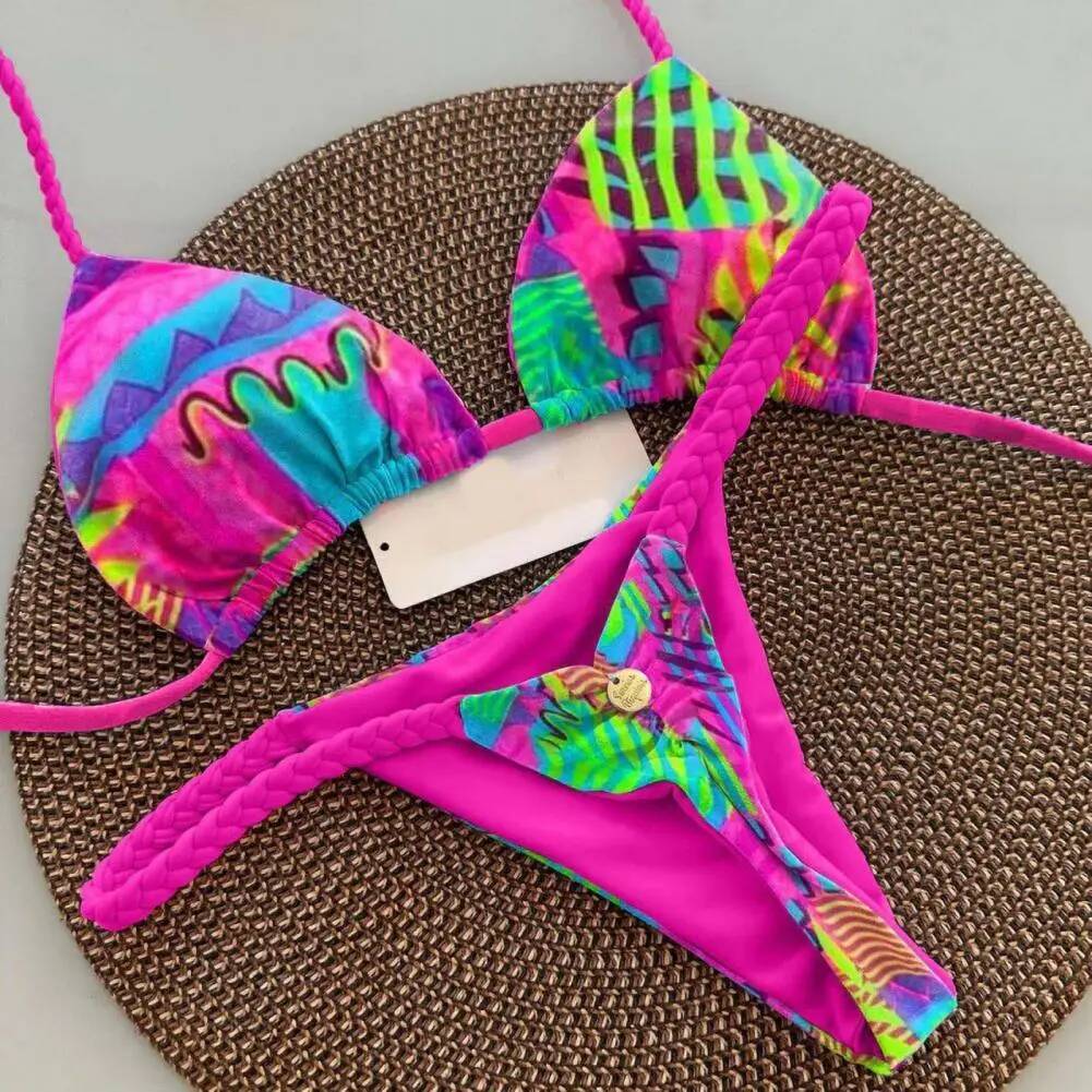Durable Set Stylish Lace-up Halter Bikini Sets Quick Drying Beachwear with Braided Rope Breast Pads 2pcs/set Women's