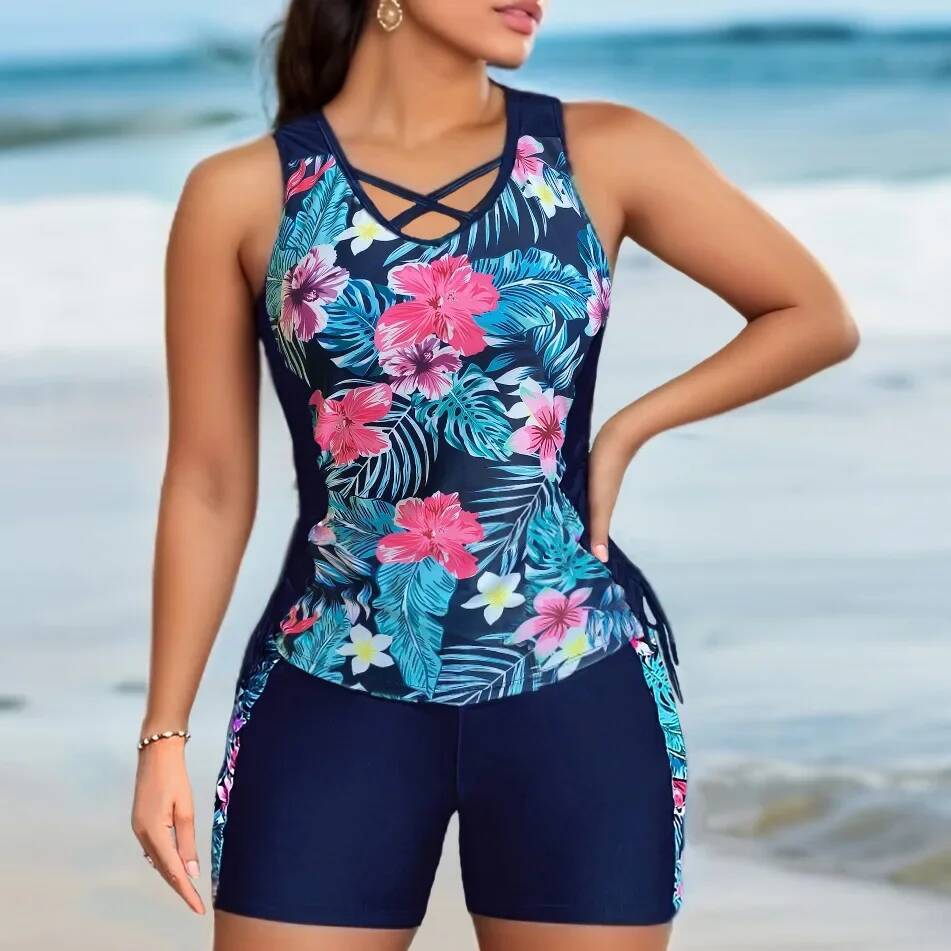Drawstring Tankini New Plus Size Swimsuit Women Large Swimwear Female Bathers Bathing Swimming Suit Beachwear Bikini 2025 Mujer