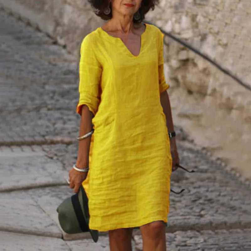 Vintage Solid Mini Dress Women Fashion Summer V-neck Three Quarter Sleeve Cotton Linen Party Dresses Ladies Casual Femme Vestidos XJ250610