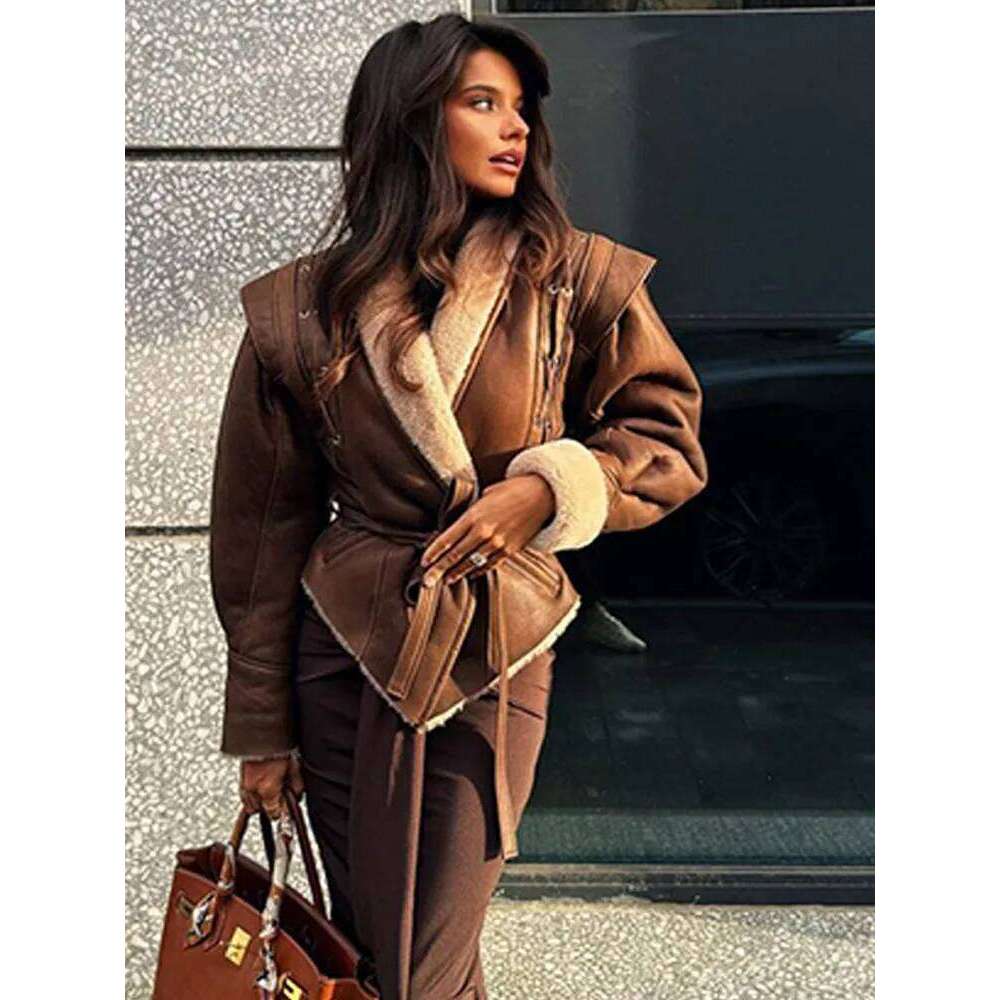 Suede Lace-Up Jacket Coat French Retro Brown Women Leather Jackets With Belt Waist Cinching Slim Fit Winter Overcoat
