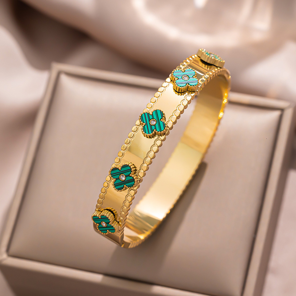 Fashion Four Leaf Clover Inlaid Blue Zircon Bracelet Golden Stainless Steel Bracelets Bangles Delicate Jewelry Gift for Women 250512