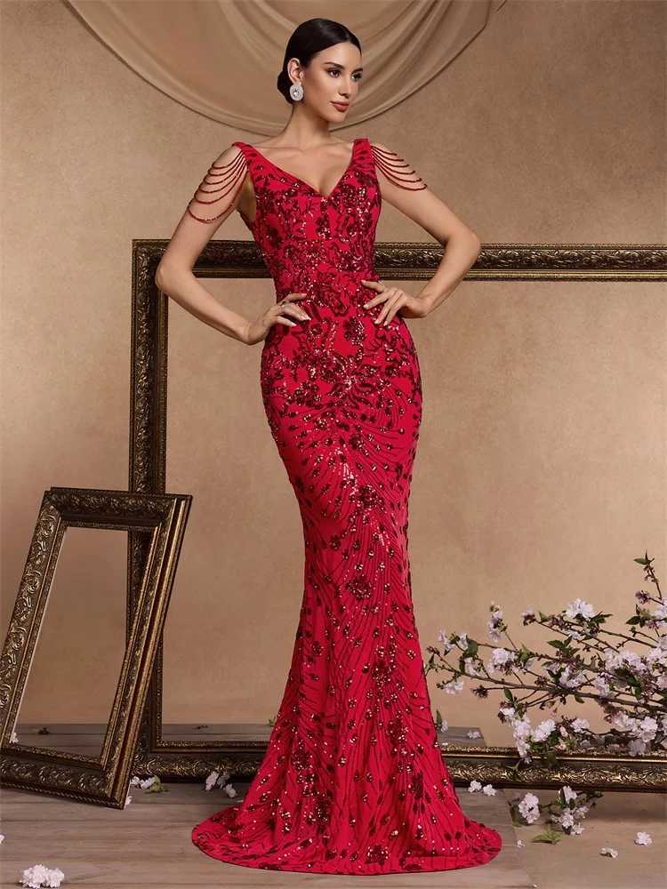 Elegant Deep V-Neck Red Sequin Formal Evening Dresses Women 2024 Beading Wedding Party Mermaid Cocktail Prom Gown XJ250610