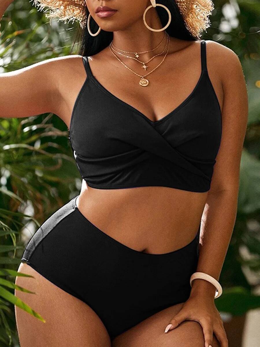 2025 Plus Large Size Bikini Set High Waist Swimwear Women Solid Swimsuit Female Beachwear Bathers Swimming Bathing Swim Suit