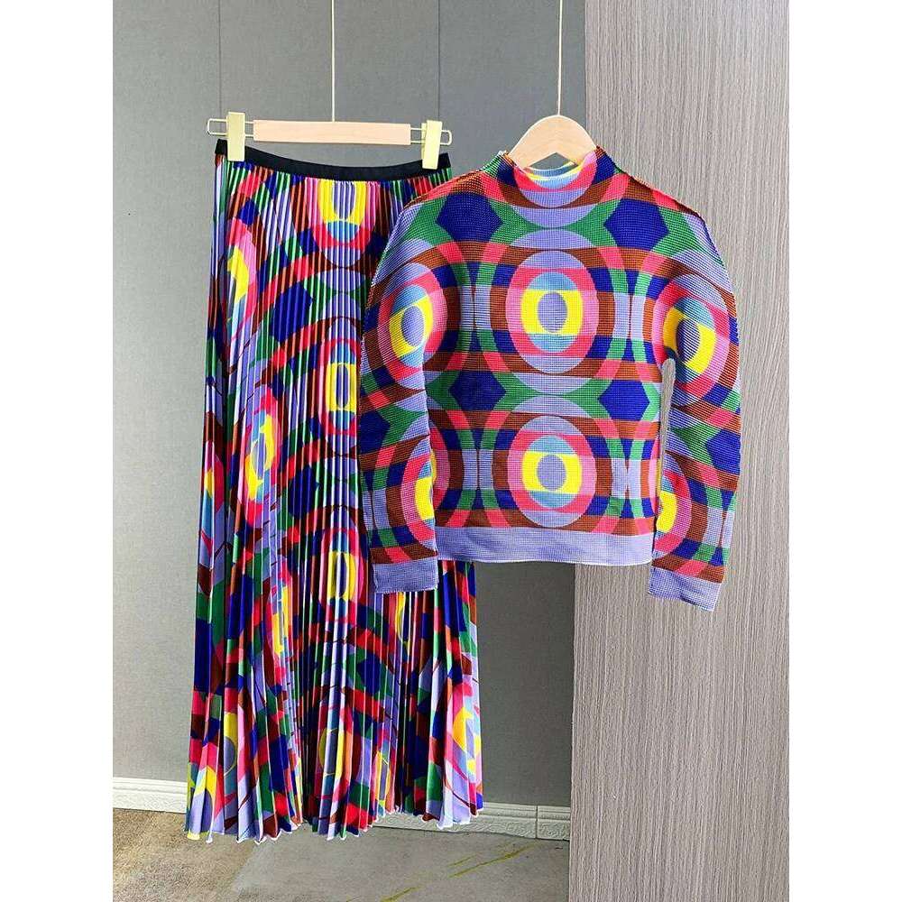 DEAT Elegant Pleated 2 Piece Set O-Neck Geometric Printing Pullover Top Elastic Waist Long Women's Suit 2024 Autumn New 15C731
