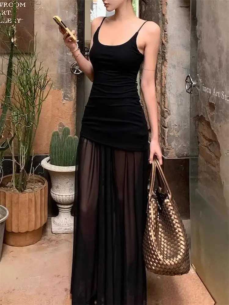 Elegant Mesh Patchwork Sleeveless Women Maxi Dress Bodycon Party Club Evening Dress Sexy See Through Vestido Clothing XJ250610