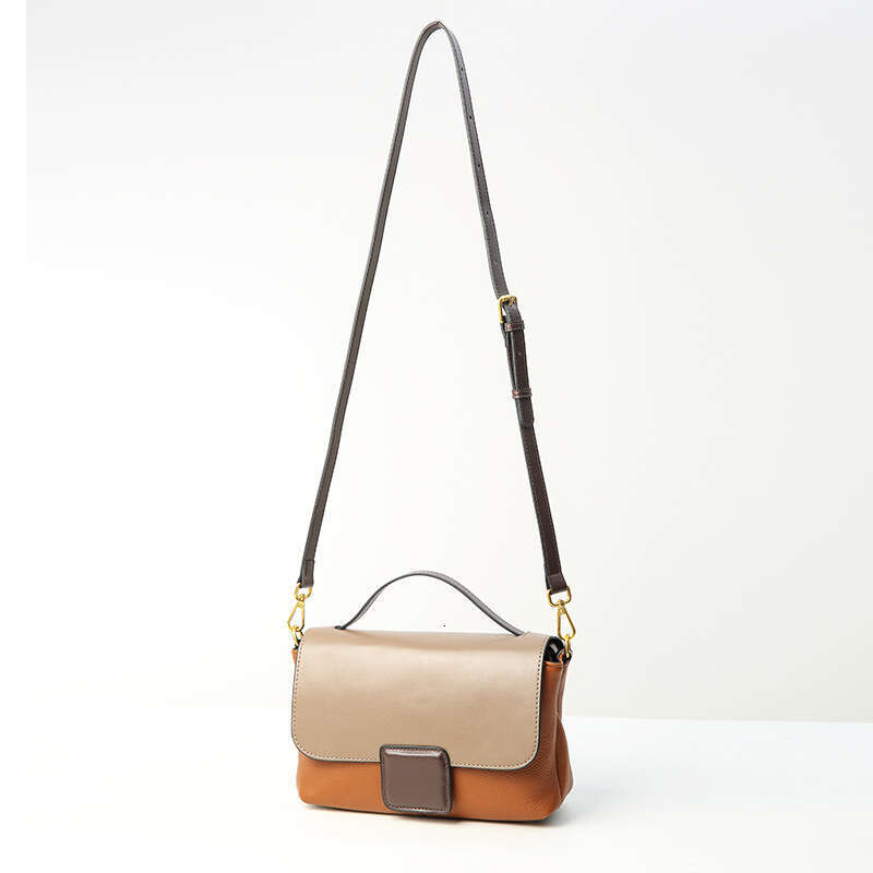 2025 New Top Layer Cowhide Women's Fashion Versatile Handbag Single Shoulder Crossbody Color Block Small Square Bag