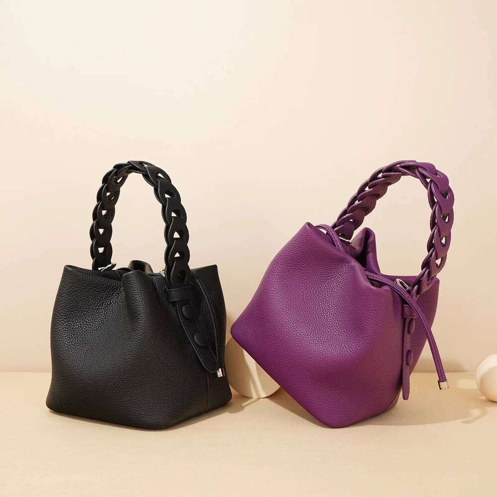 French Elegant Bucket Head Layer Cowhide Handbag Genuine Leather Commuting Versatile One-Shoulder Crossbody Women's Bag