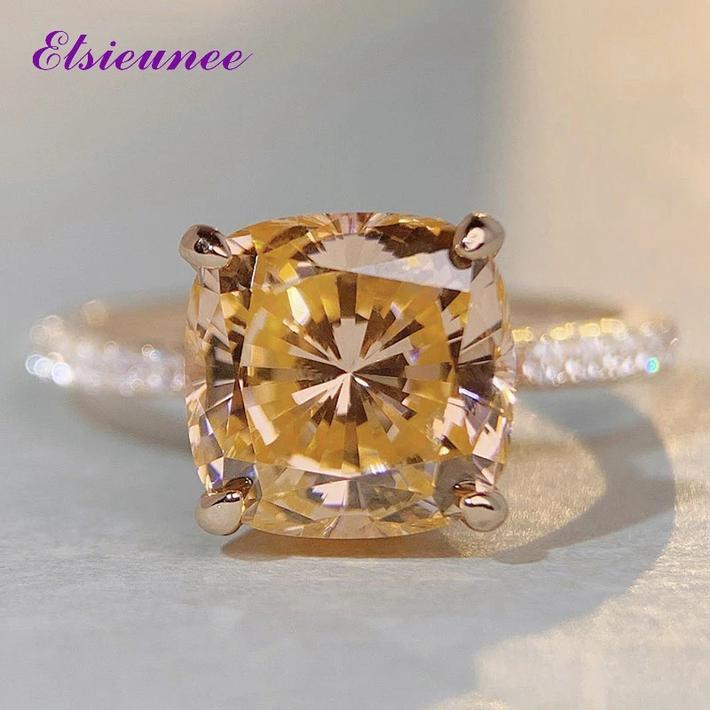 ELSIEUNEE 925 Sterling Silver 4CT Orange High Carbon Diamond Gemstone Rings for Women Rose Gold Plated Party Fine Jewelry 250610