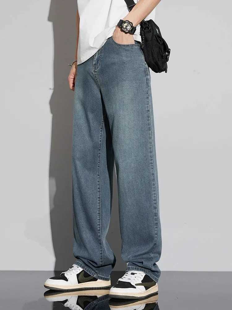 Mens Summer Ultra-Thin Lyocell Jeans 2025 Soft Loose Comfortable Wide-Leg Ice Silk Pants Retro Elastic Casual Trousers M250610
